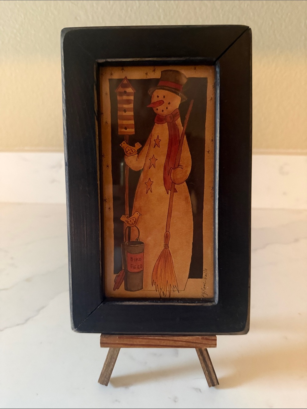 Vintage Country Snowman Framed Art with easel